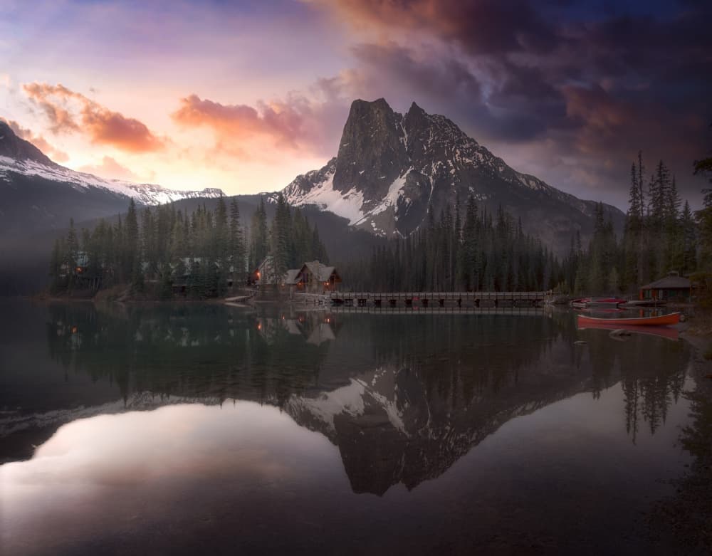 Alpine Lake Sunset Reflection by joanaduenas — canvas wall art