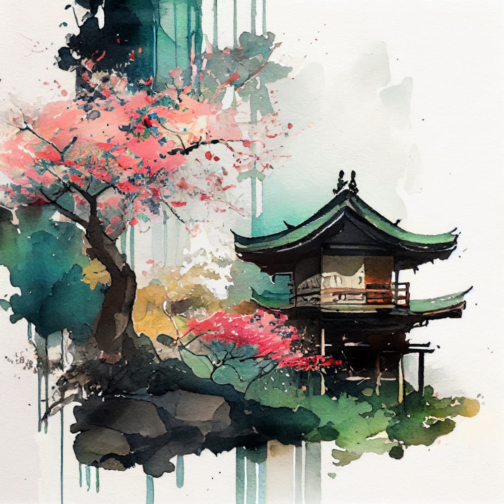 Cherry Blossom Pagoda by Justyna Jaszke — canvas wall art