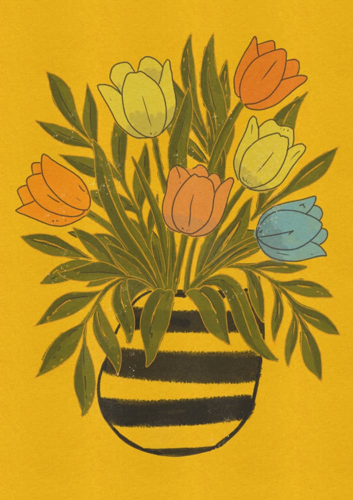 Colorful Tulips In Striped Vase by Nicholas — canvas wall art