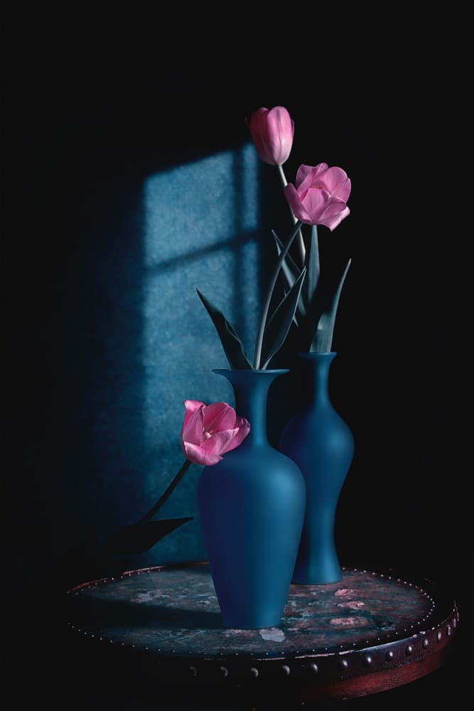 Pink Tulips Blue Vases by Lydia Jacobs — canvas wall art