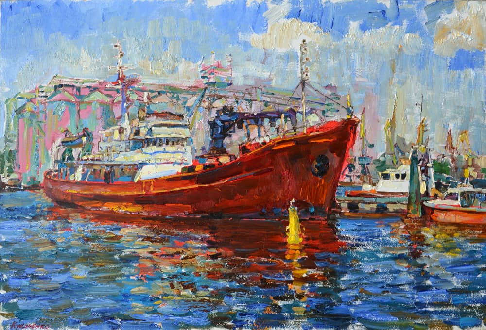 Red Ship Harbor Scene by Andrii Kutsachenko — canvas wall art