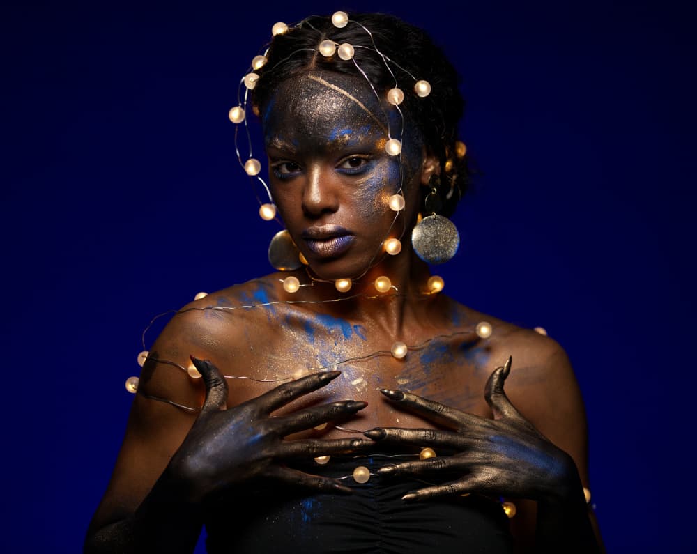 Cosmic Blue Gold Portrait by Offer Ellbogen — canvas wall art