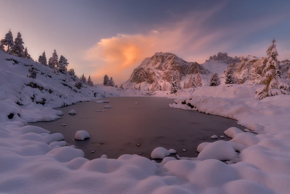 Snowy Mountain Lake Glow by Marian Kuric QEP — canvas wall art