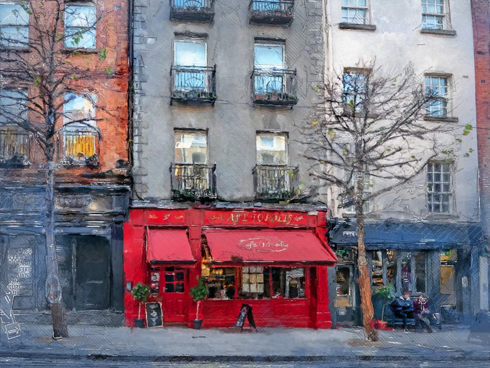 Red Cafe Street Scene by Justyna Jaszke — canvas wall art