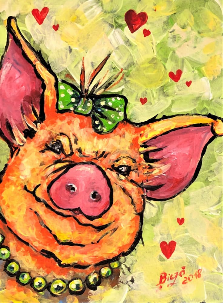Cheerful Pig with Pearls by Anda Bieza — canvas wall art
