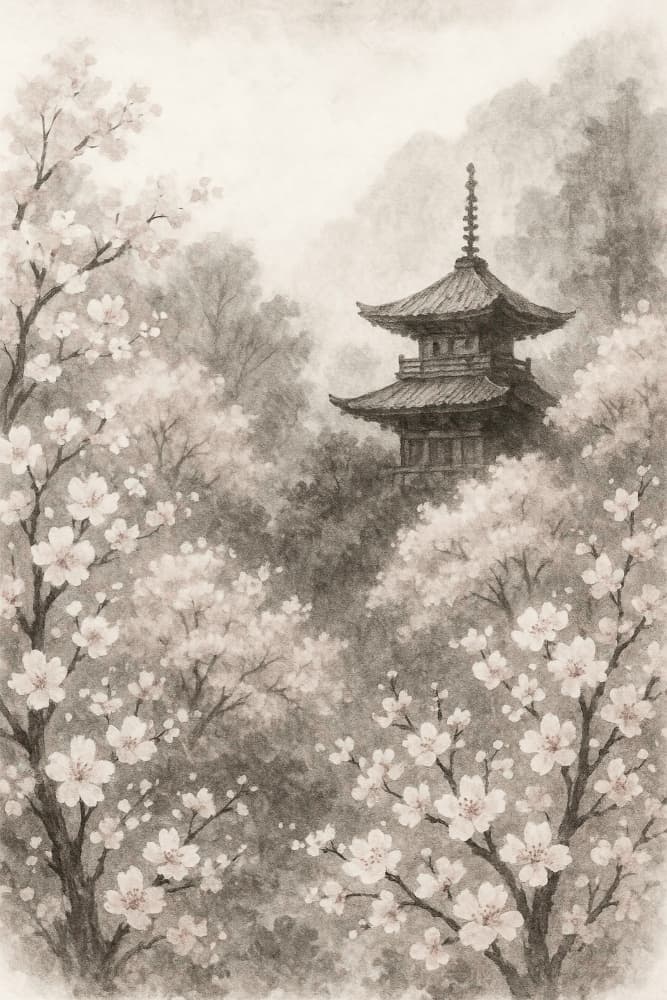 Japanese Pagoda Cherry Blossoms by Natalie Bruns — canvas wall art