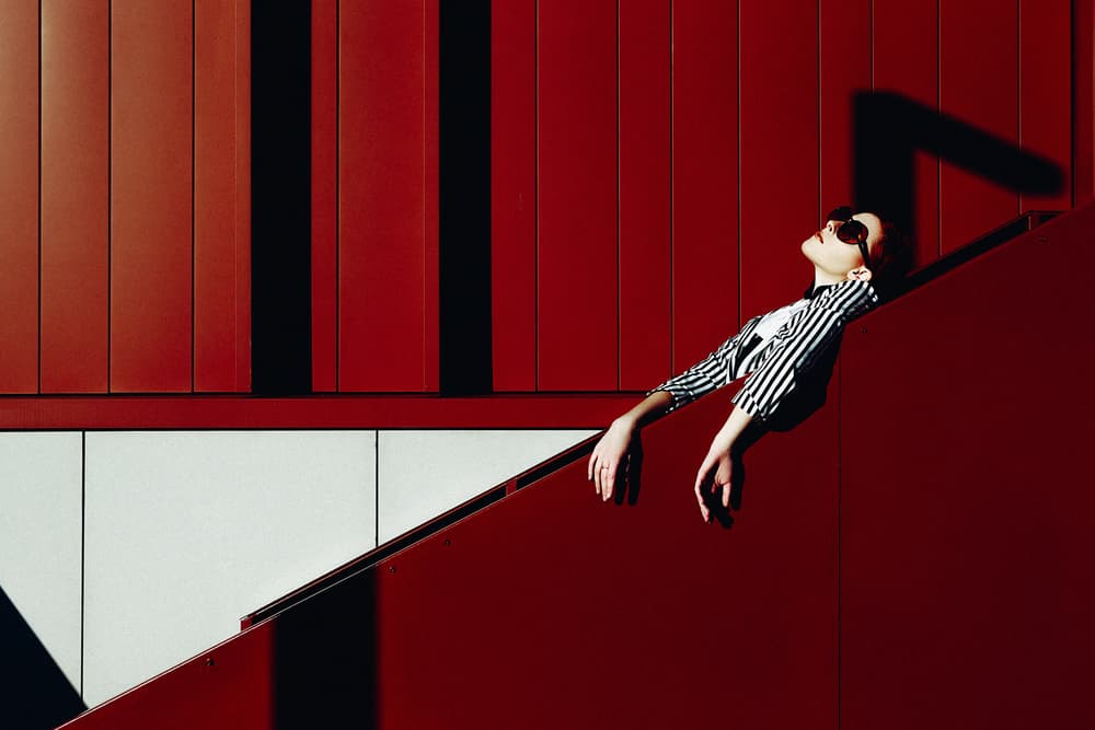Stylish Woman Red Architecture by Ruslan Bolgov — canvas wall art