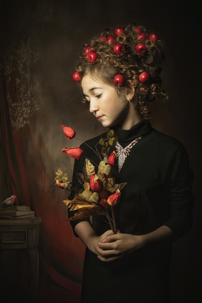 Elegant Girl With Apples by Carola Kayen-Mouthaan — canvas wall art