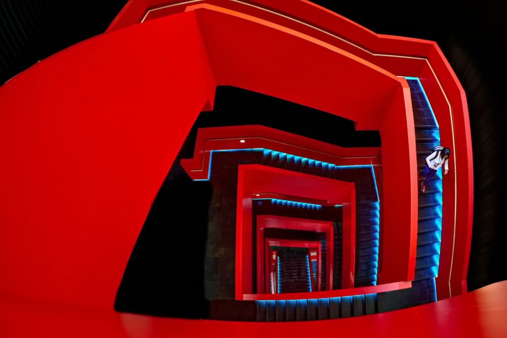 Modern Red Blue Stairwell by MingLun Tsai (蔡明倫) — canvas wall art