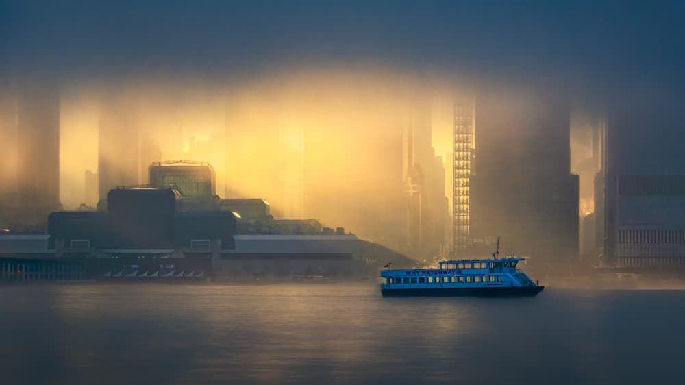 Ferry in Golden Mist by Jianping Yang — canvas wall art