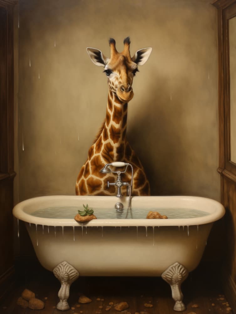 Whimsical Giraffe Bath by Bilge Paksoylu — canvas wall art
