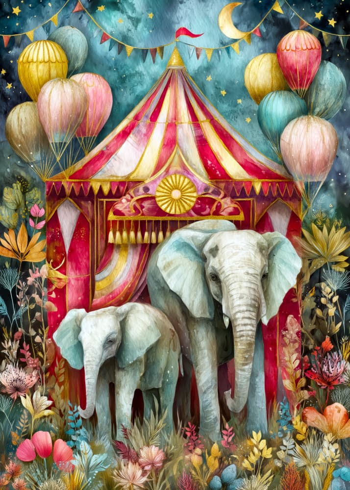 Magical Circus Elephants by Justyna Jaszke — canvas wall art