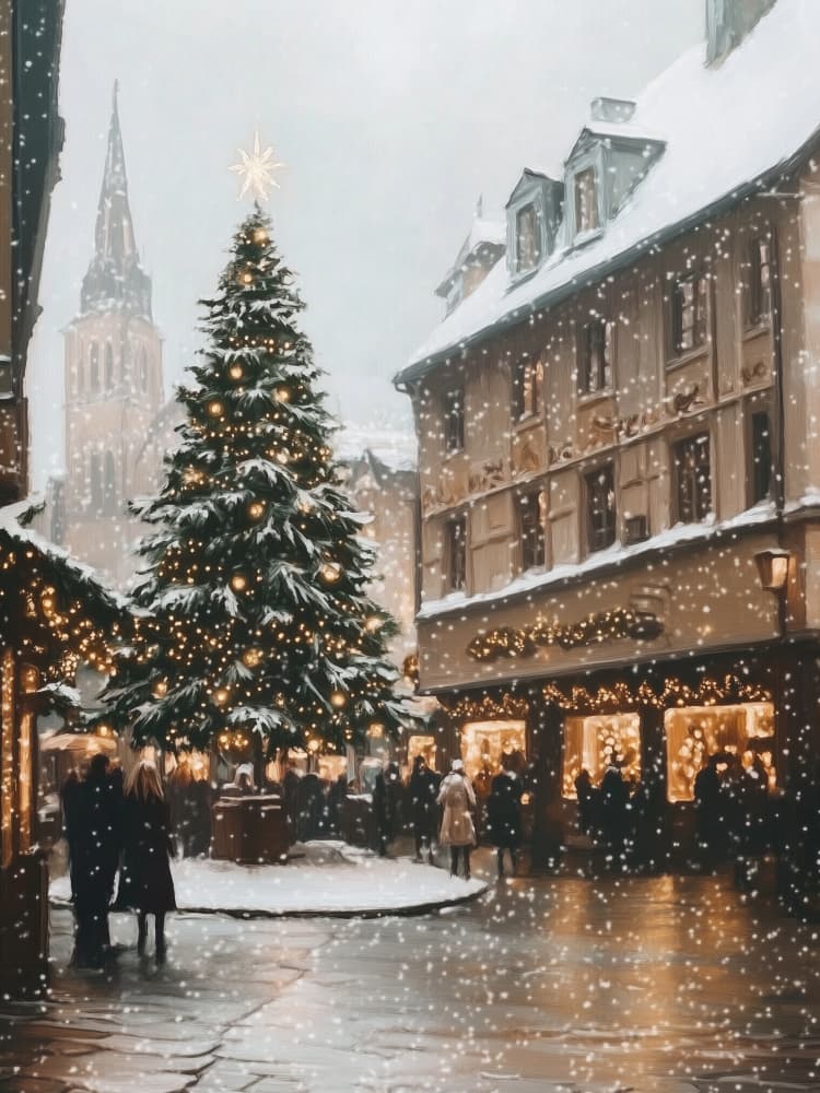 Snowy Christmas City Street by Jolly and Dash — canvas wall art