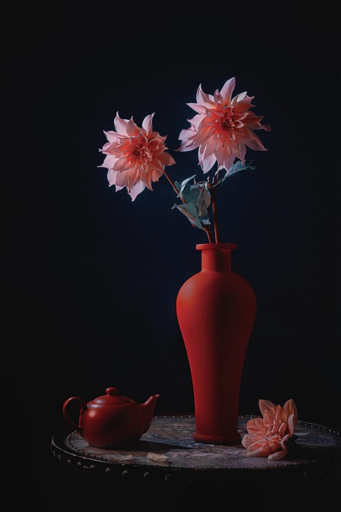 Pink Dahlias Red Vase by Lydia Jacobs — canvas wall art