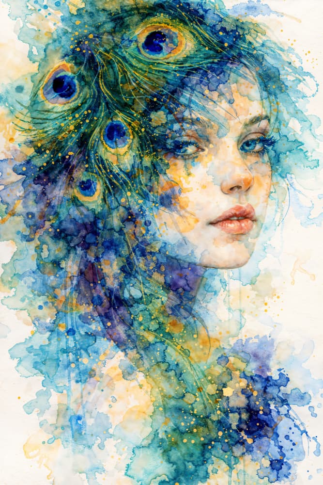 Vibrant Peacock Woman by Natalie Bruns — canvas wall art