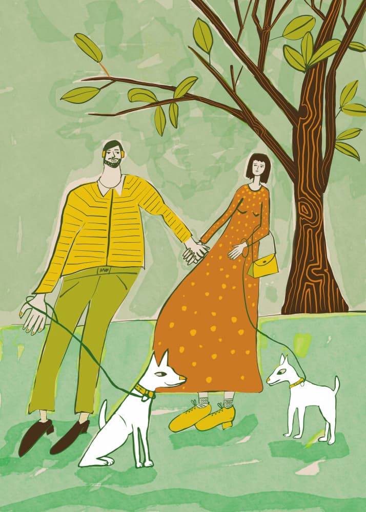 Couple Walking Their Dogs by Sharyn Bursic — canvas wall art