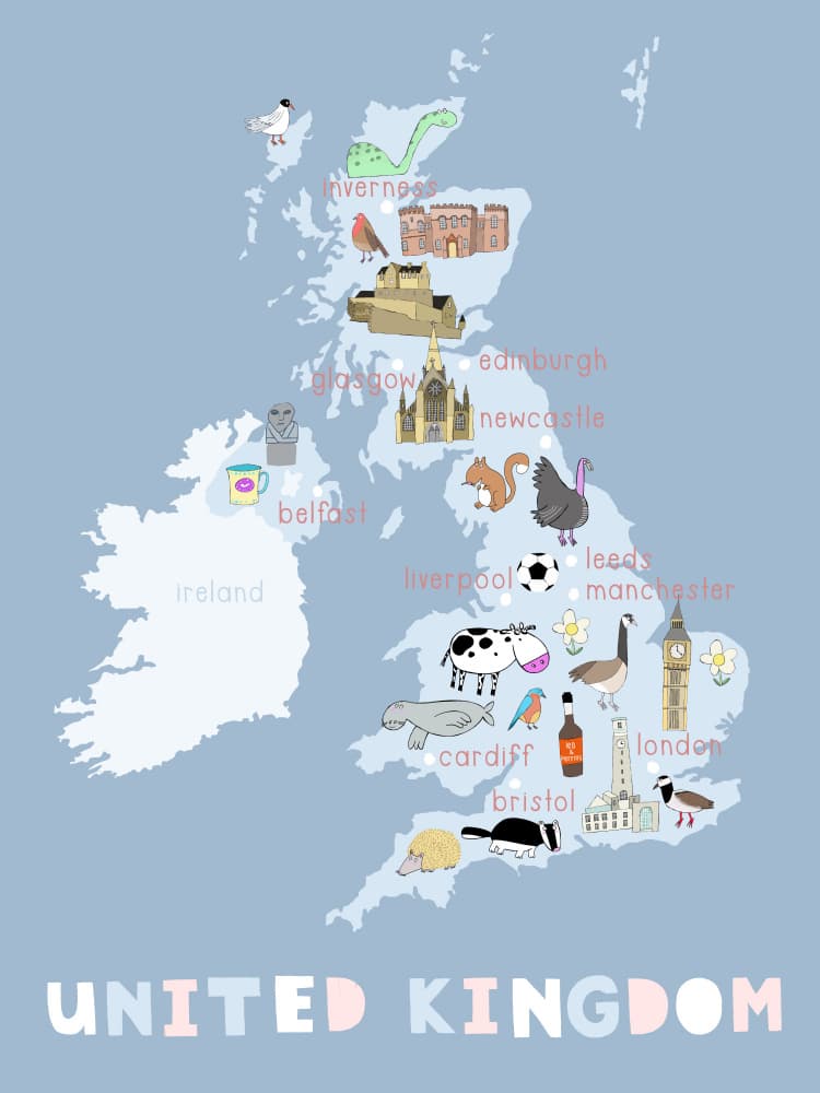 Whimsical United Kingdom Map by Carla Daly — canvas wall art