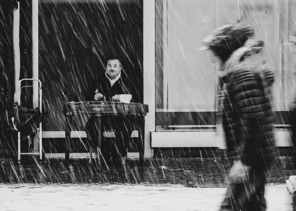 Smiling Man Winter City by Heike Wolters-Wrase — canvas wall art