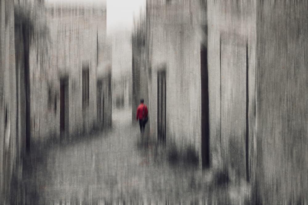 Red Coat Solitary Walk by Cindy Liu — canvas wall art