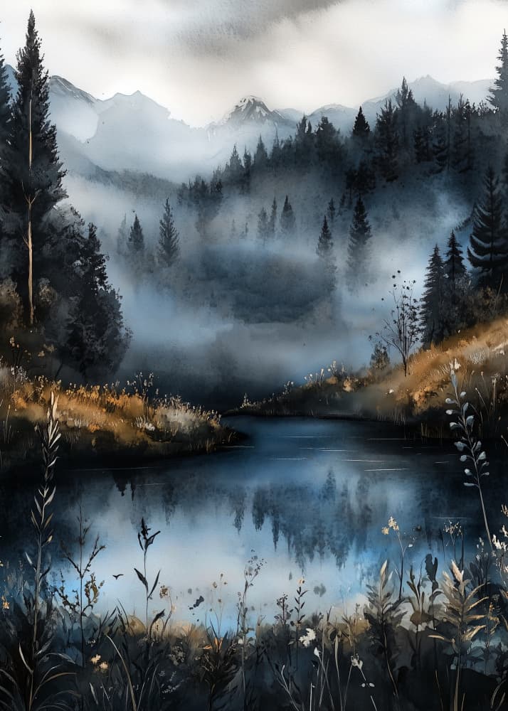 Misty Mountain Lake by Justyna Jaszke — canvas wall art