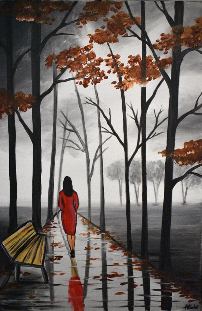 Autumn Path Red Dress by Aisha Haider — canvas wall art
