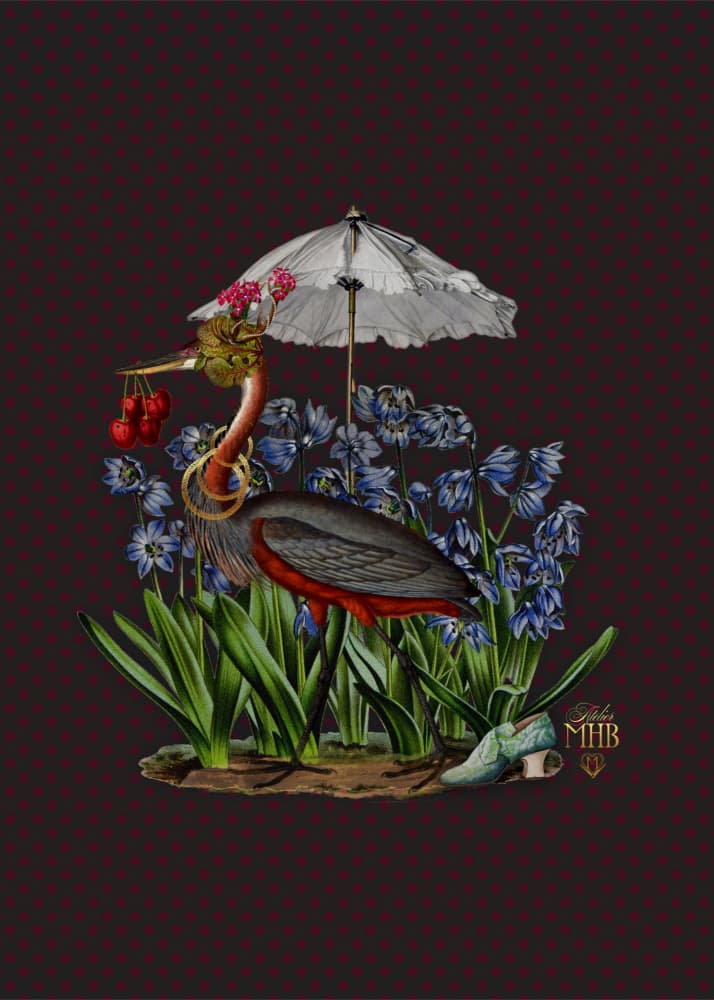 Whimsical Heron Among Bluebells by Atelier MHB — canvas wall art