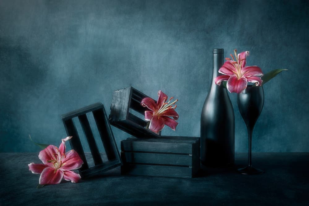 Moody Wine and Lilies by Lydia Jacobs — canvas wall art