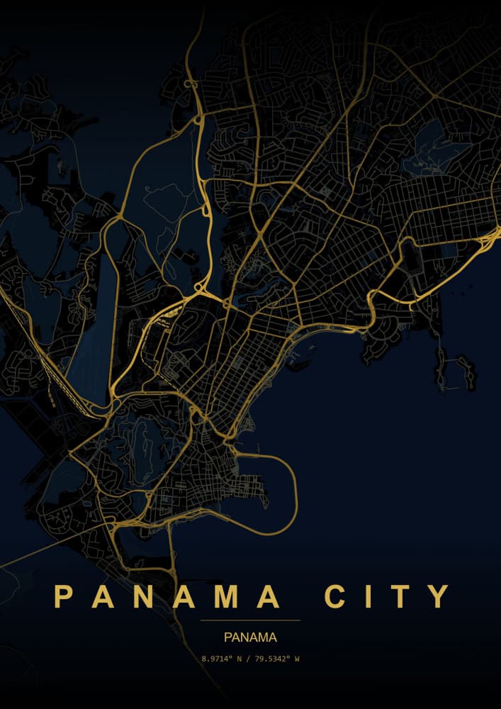 Golden Panama City Map by HUGO — canvas wall art