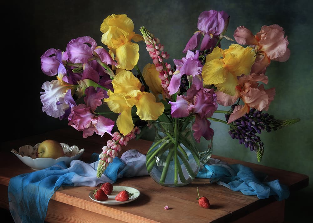 Fresh Irises and Fruit by Tatyana Skorokhod — canvas wall art