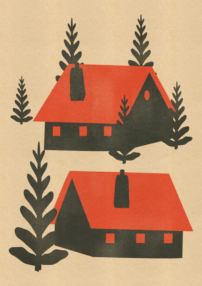 Red Roof Forest Cabins by Nicholas — canvas wall art