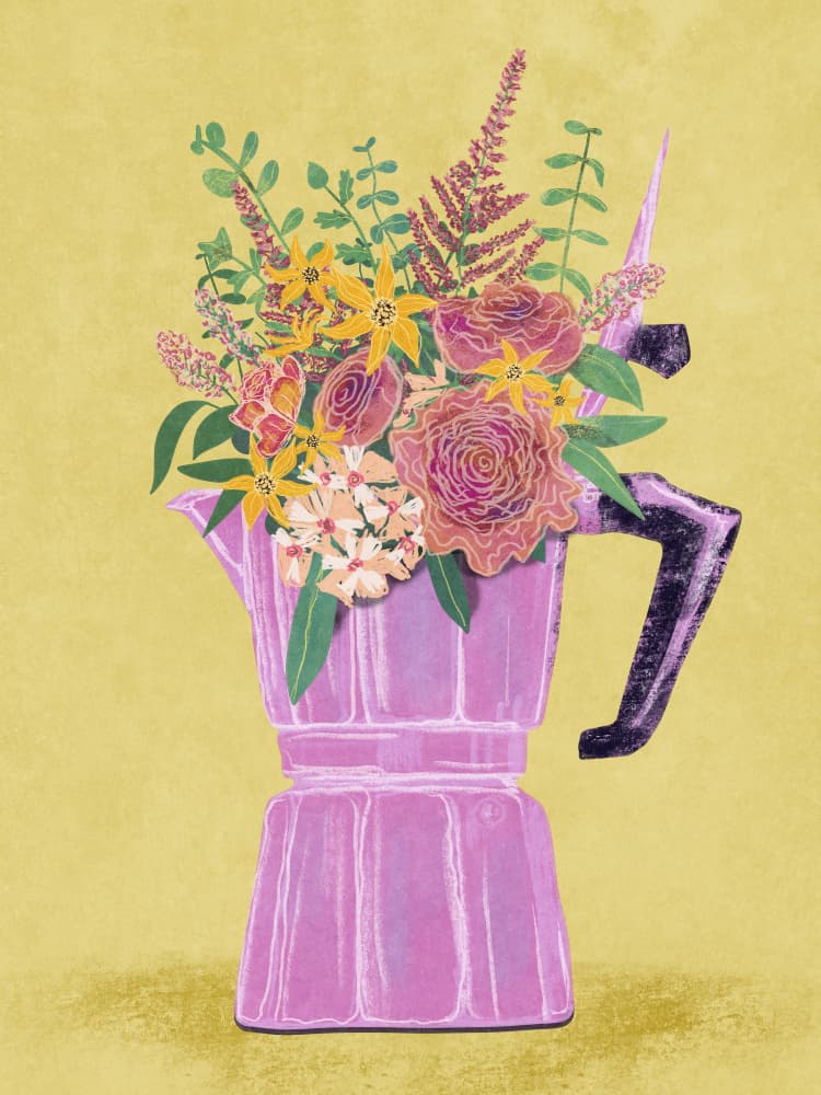 Espresso Maker with Flowers by Raissa Oltmanns — canvas wall art