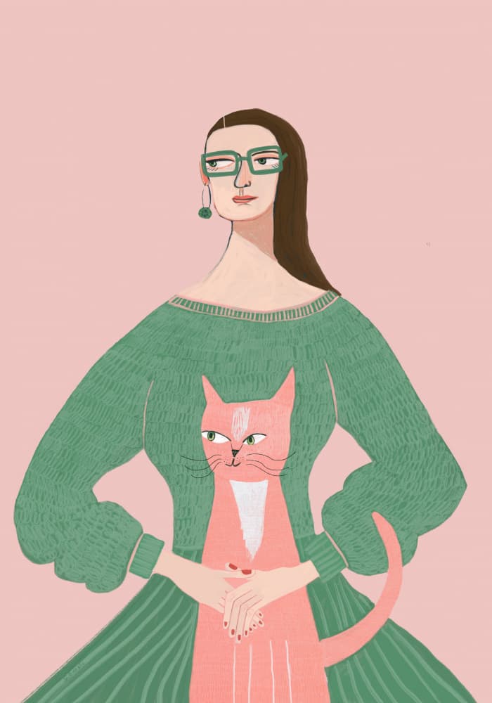 Stylish Woman with Pink Cat by Sharyn Bursic — canvas wall art