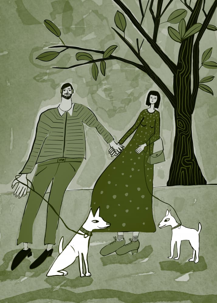 Couple Walking Dogs by Sharyn Bursic — canvas wall art