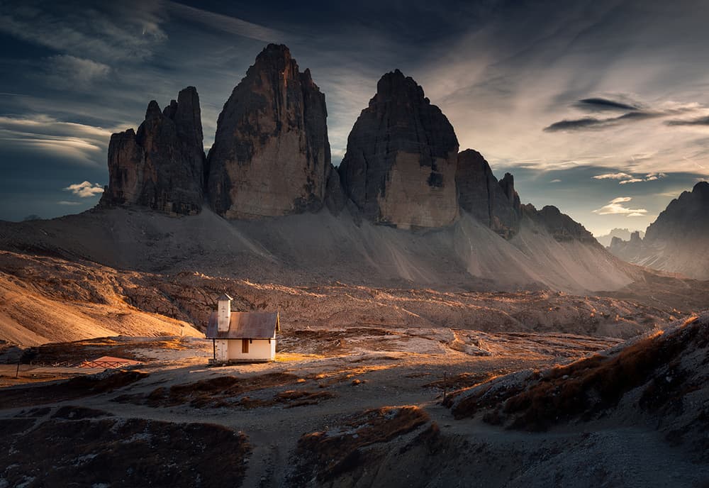 Dolomites Chapel Landscape by Karol Nienartowicz — canvas wall art