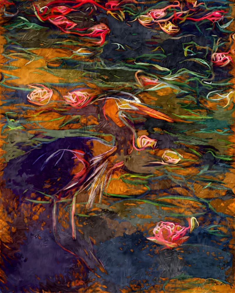 Heron Among Water Lilies by Uma Gokhale — canvas wall art