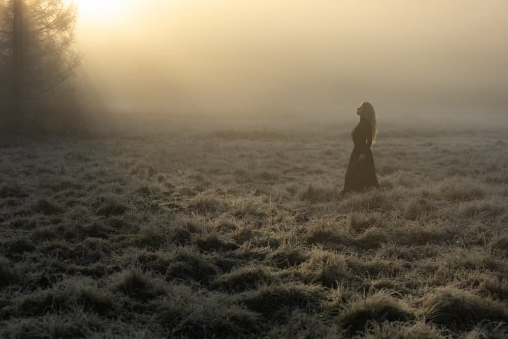Solitary Woman Golden Mist by Leszek Paradowski — canvas wall art