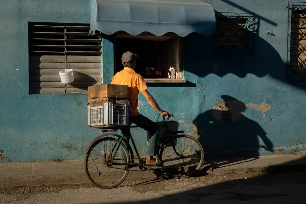 Cyclist by Blue Wall by Chao Feng 天馬 — canvas wall art