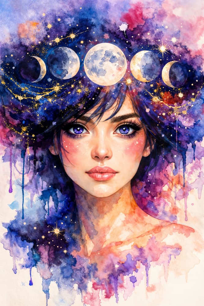 Young woman portrait with moon phase hairstyle by Natalie Bruns — canvas wall art