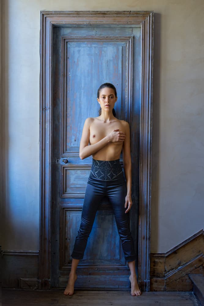 Elegant Woman Blue Door by Rafael L. Bardají — canvas wall art