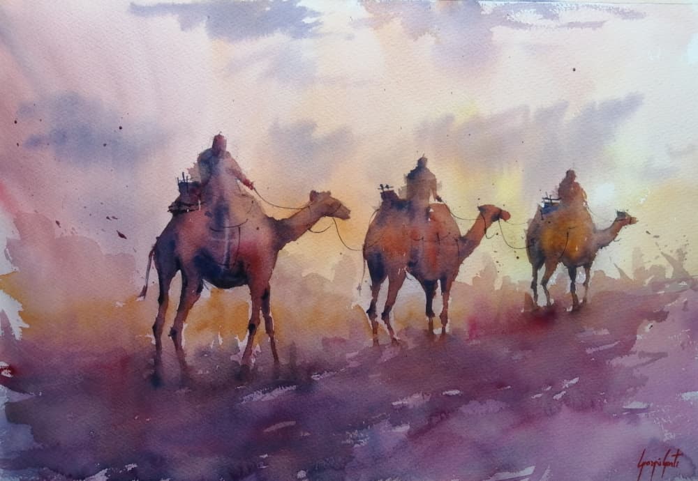 Camel Caravan Sunset by Giorgio Gosti — canvas wall art