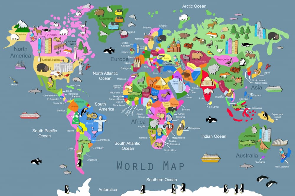 Colorful World Animal Map by Carla Daly — canvas wall art