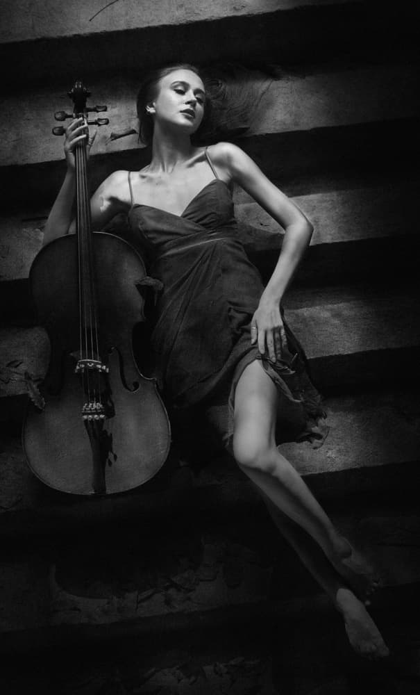 Elegant Cellist Portrait by Sebastian Kisworo — canvas wall art
