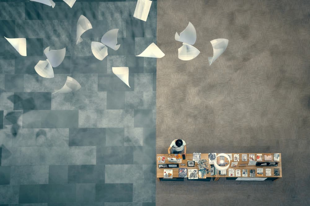 Floating Papers Desk Scene by MingLun Tsai (蔡明倫) — canvas wall art
