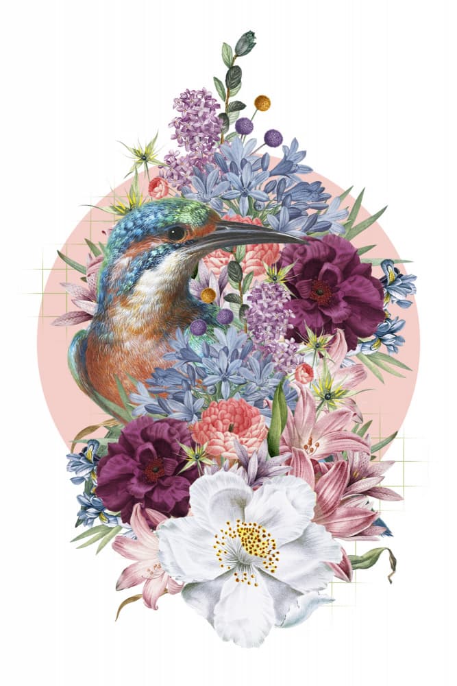 Vibrant Kingfisher Floral by Marja van den Hurk — canvas wall art
