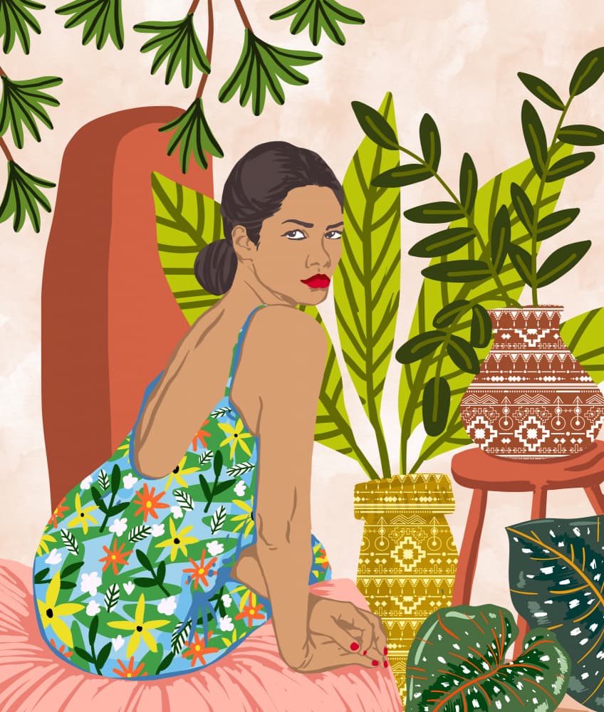 Woman Among Tropical Plants by Uma Gokhale — canvas wall art