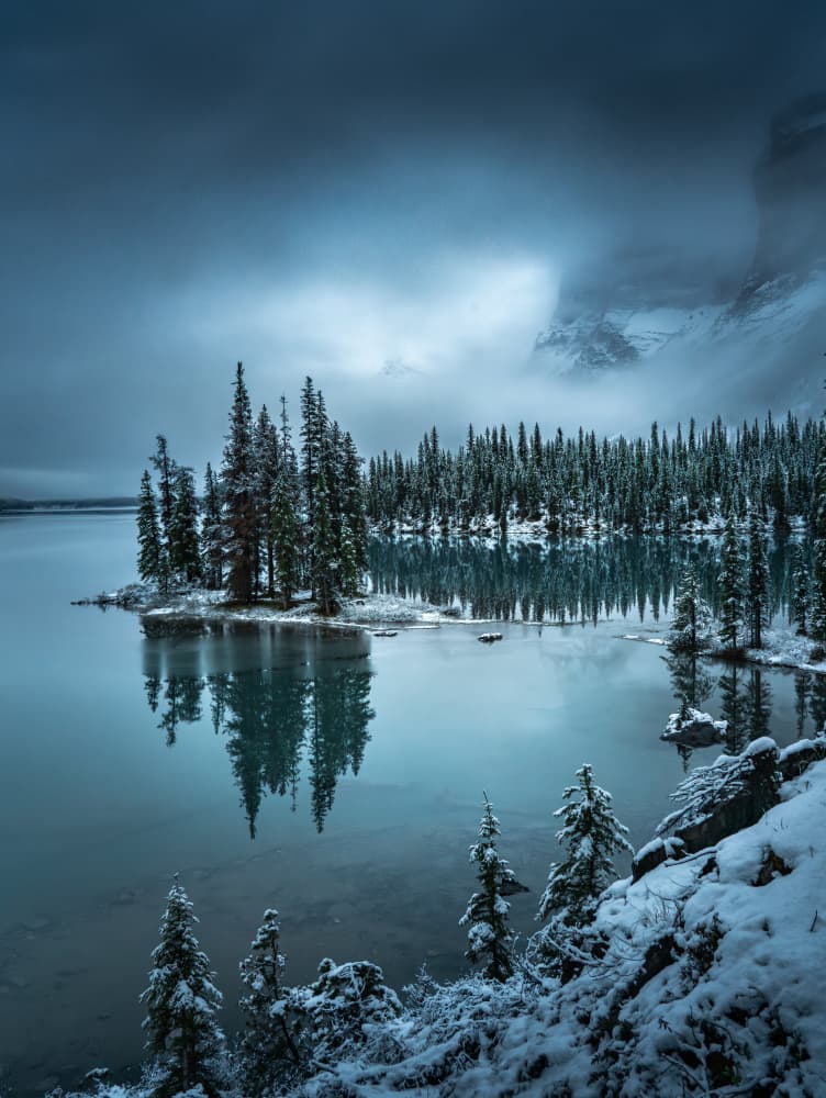 Snowy Winter Lake Island by Bing Li — canvas wall art