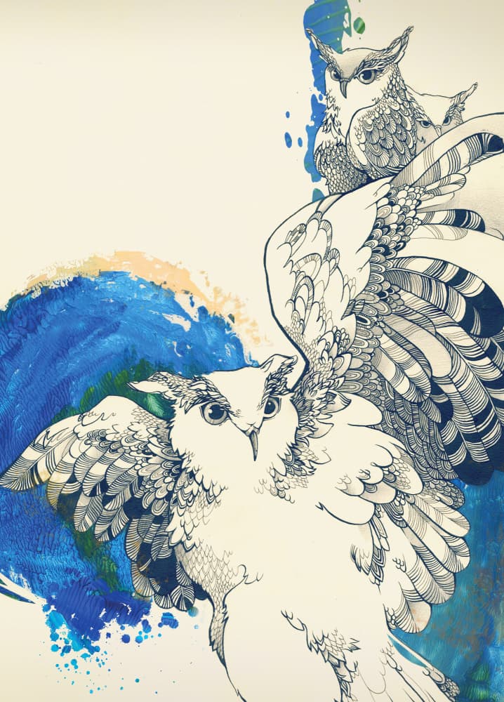 Wise Owls Blue Flight by Tetiana Kava Illustration — canvas wall art