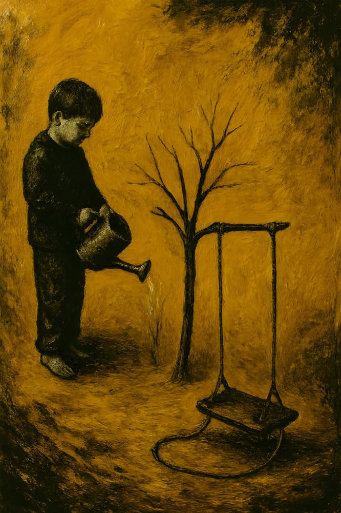 Solitary Child Watering Tree by HUGO — canvas wall art