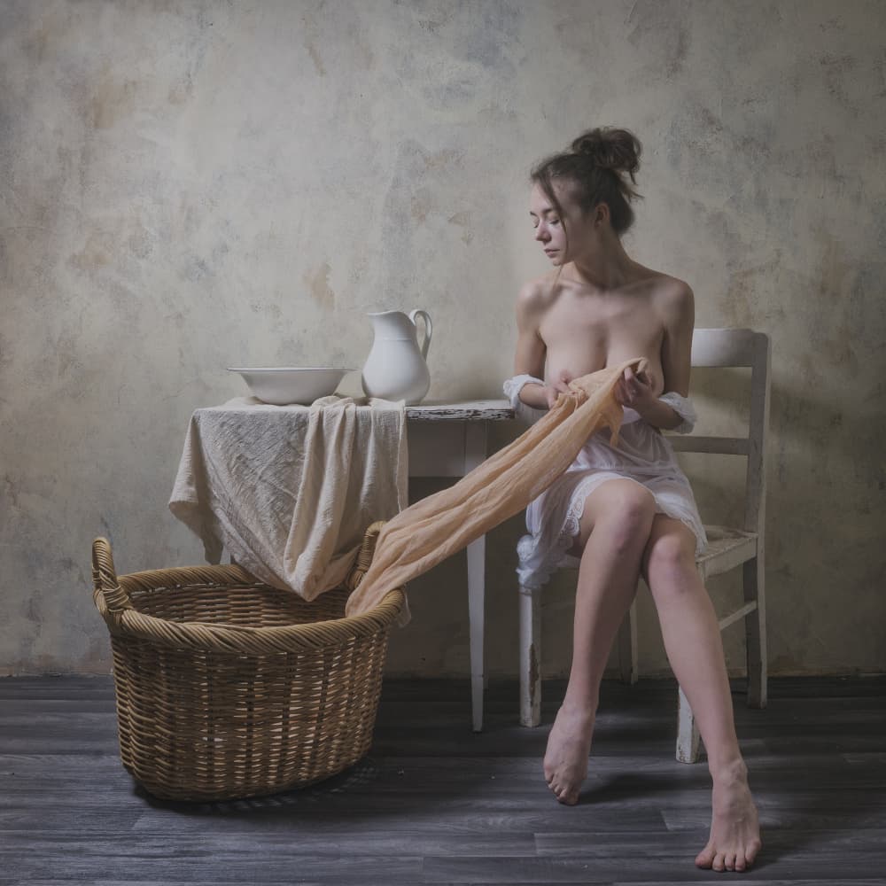 the lady with the laundry basket by Ruth Franke — canvas wall art