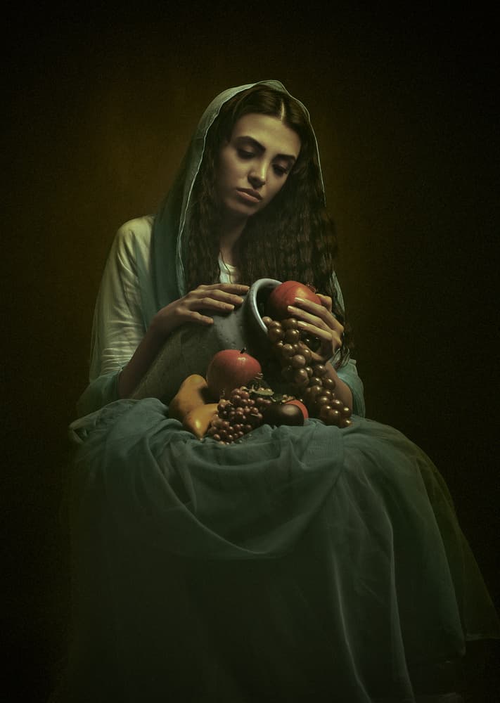 Pensive Woman with Fruit by Mehdi Mokhtari — canvas wall art